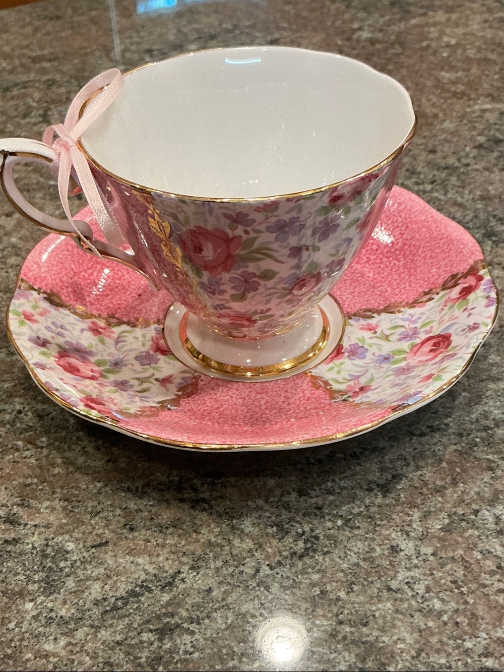 Pink Floral Porcelain Teacup and Saucer with Gold Trim
